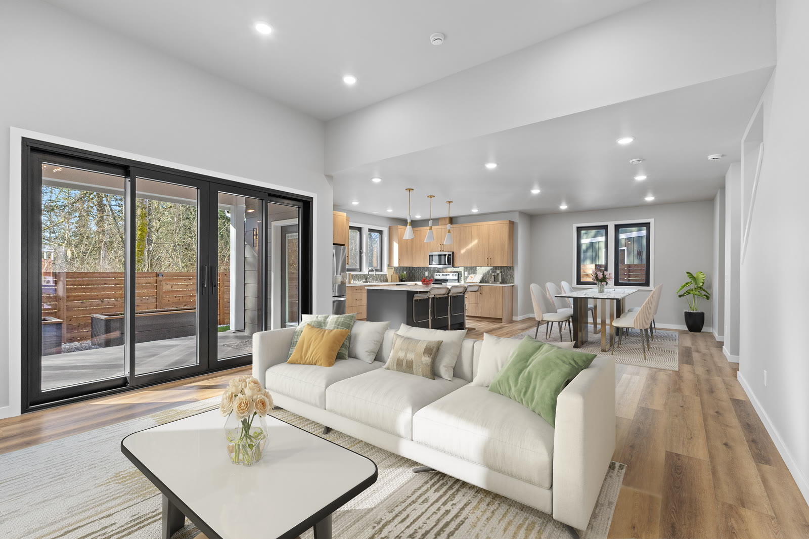 Open-concept kitchen and living room with light wood cabinets